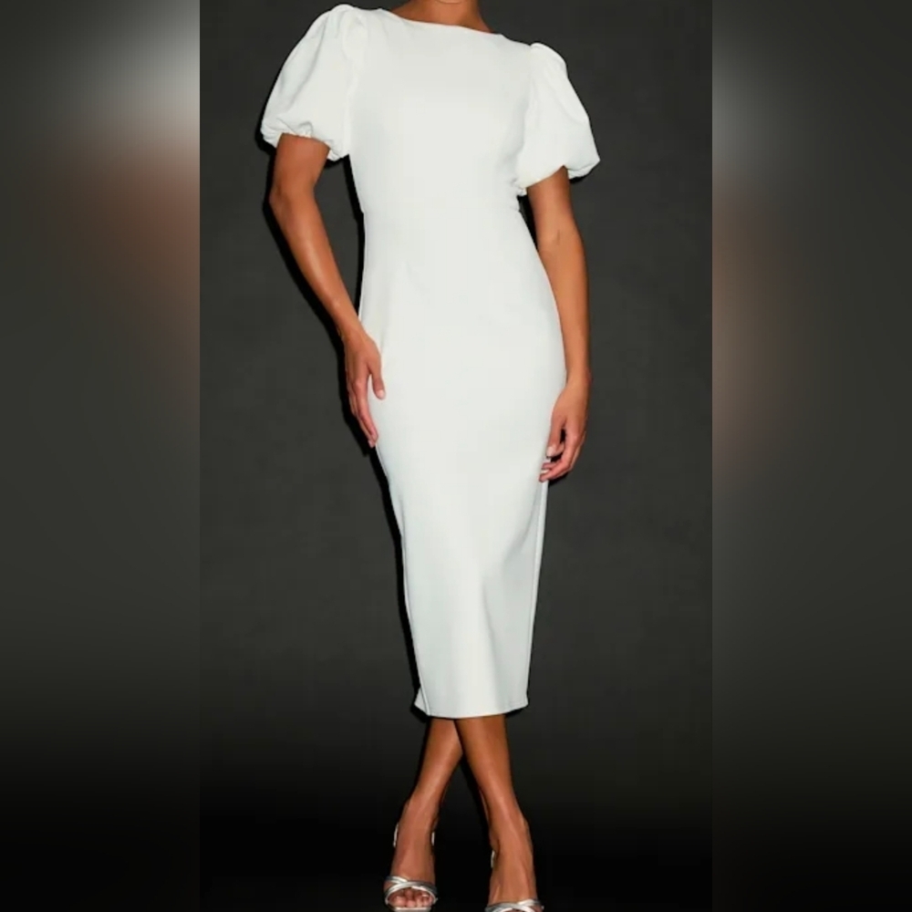 Lulus Simply Beloved White Puff Sleeve Bodycon Midi Dress, Size XXL
